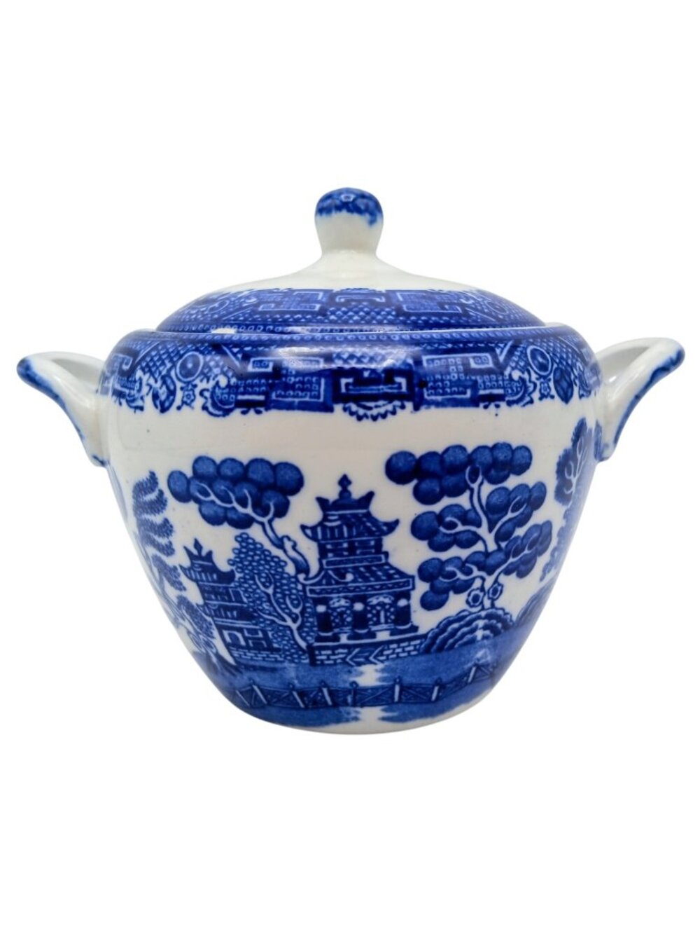 Allertons Blue Willow Sugar Bowl w Lid Transferware Ironstone 6.5”